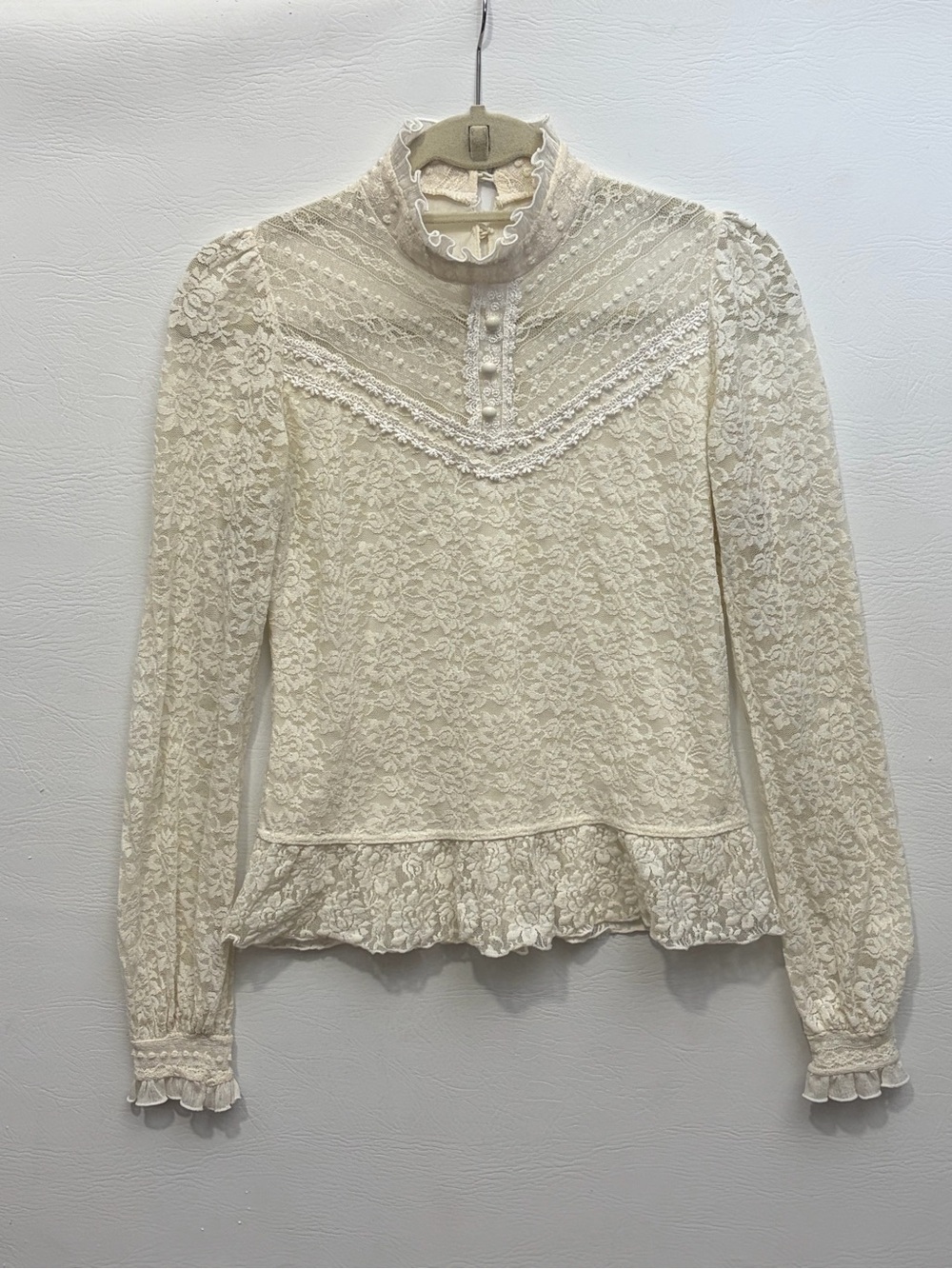 Cream Lace High-Neck Victorian Blouse Small